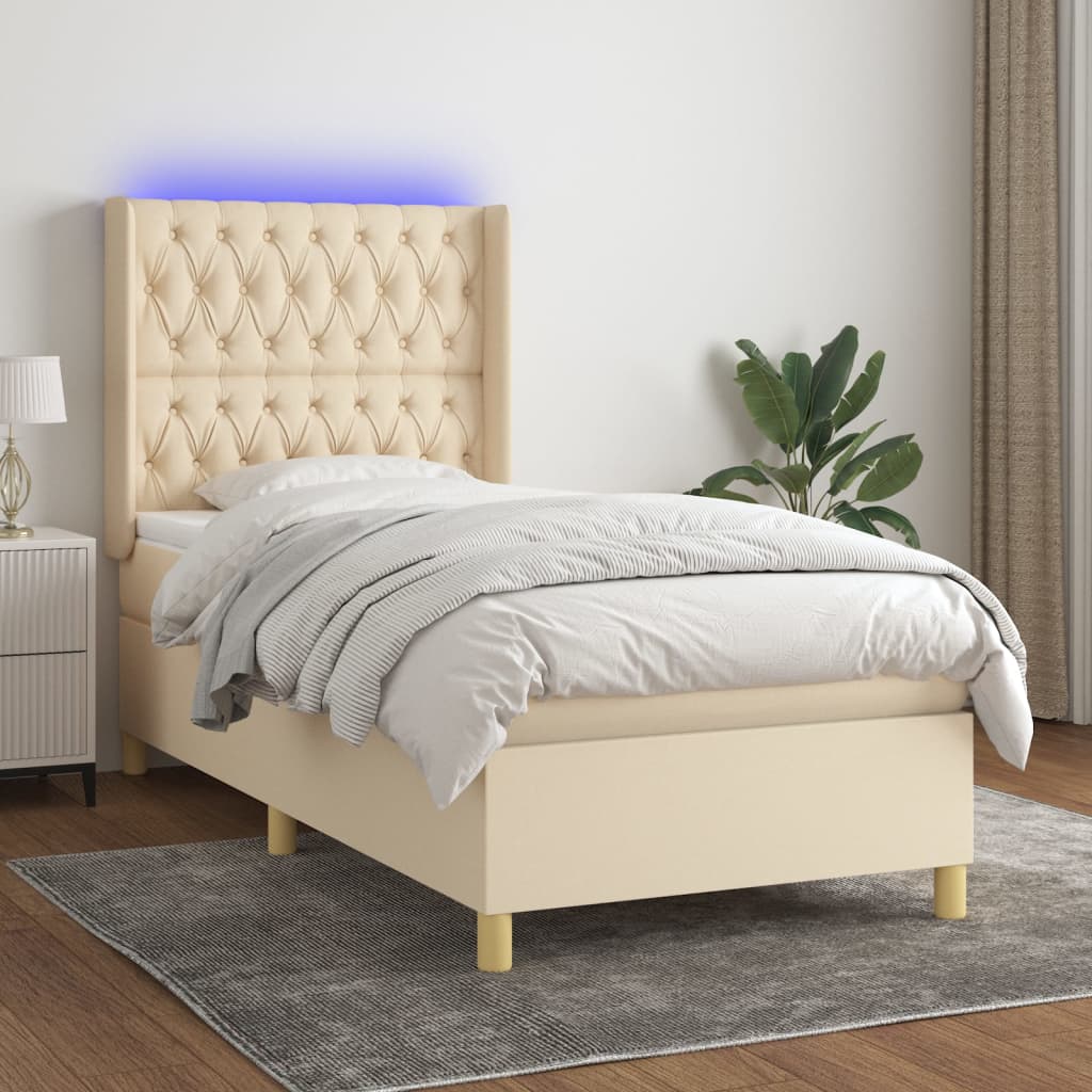krémszínű szövet rugós és LED-es ágy matraccal 100x200 cm