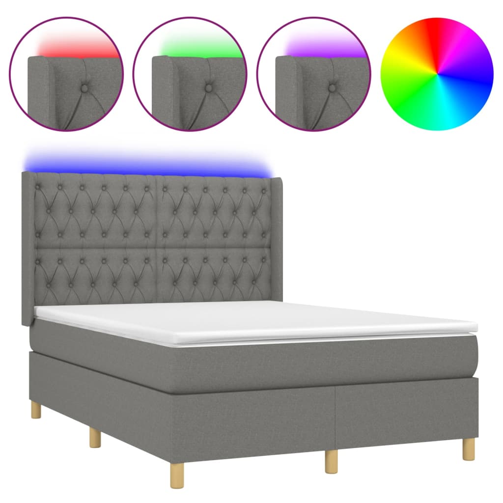 sötétszürke szövet rugós és LED-es ágy matraccal 140x190 cm