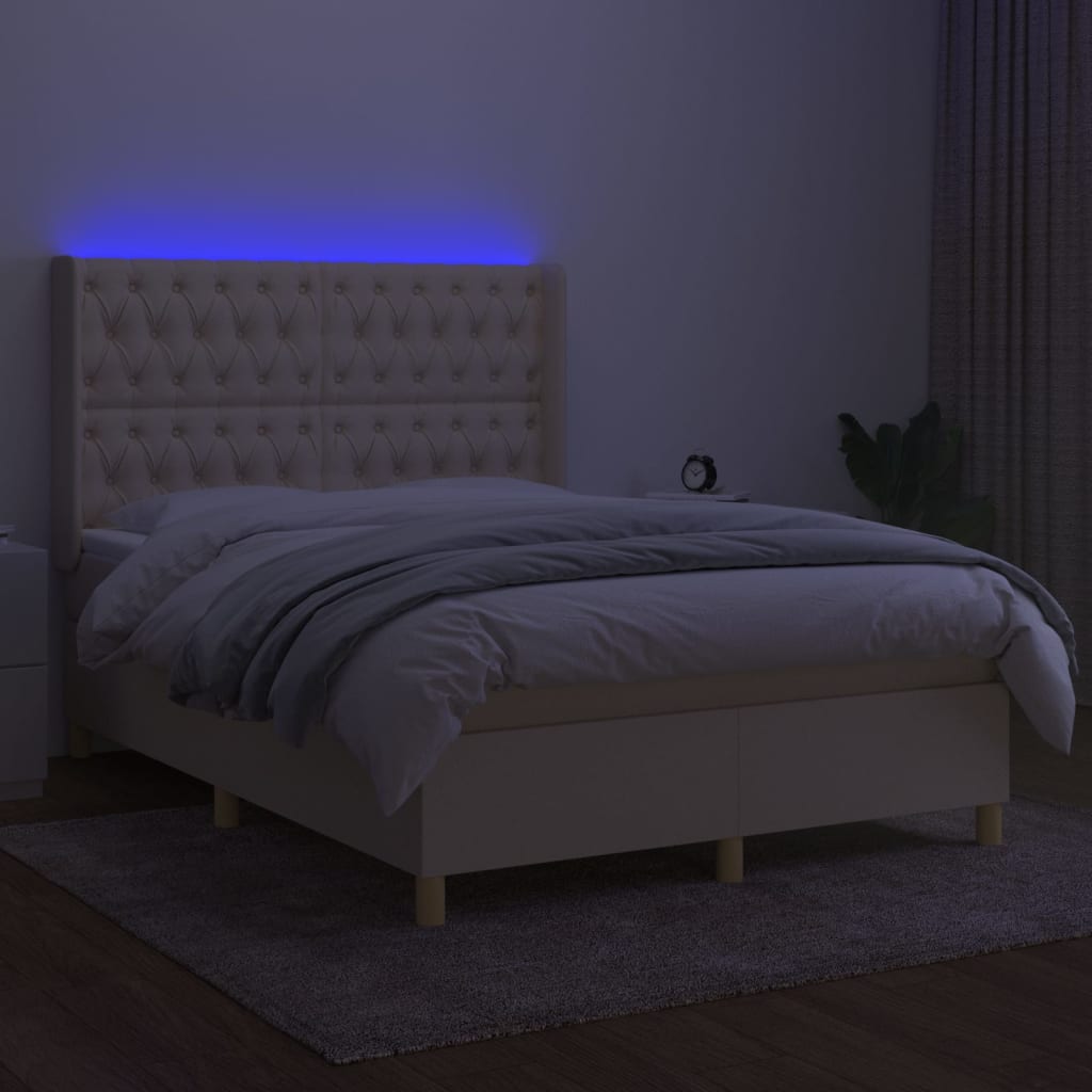 krémszínű szövet rugós és LED-es ágy matraccal 140x200 cm