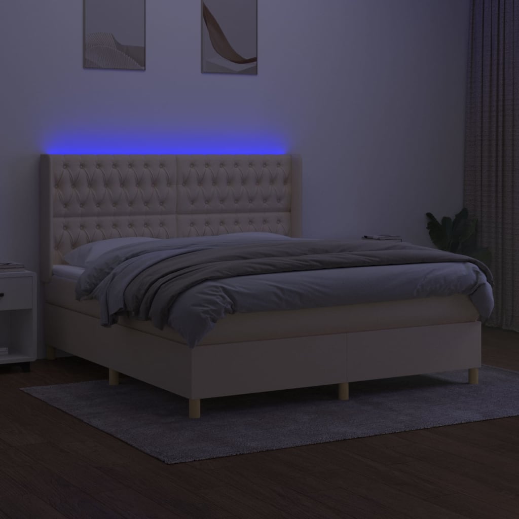 krémszínű szövet rugós és LED-es ágy matraccal 160x200 cm