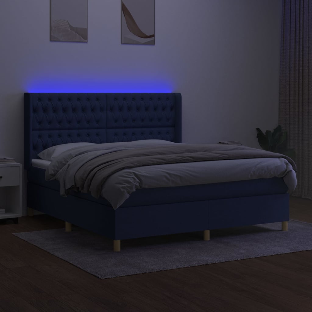 kék szövet rugós és LED-es ágy matraccal 160x200 cm