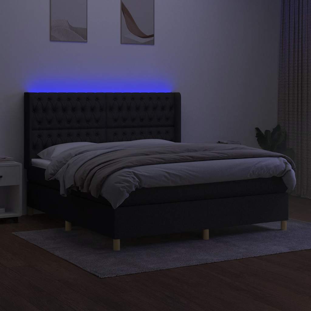 fekete szövet rugós és LED-es ágy matraccal 180 x 200 cm