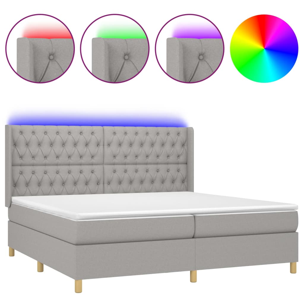 világosszürke szövet rugós és LED-es ágy matraccal 200x200 cm