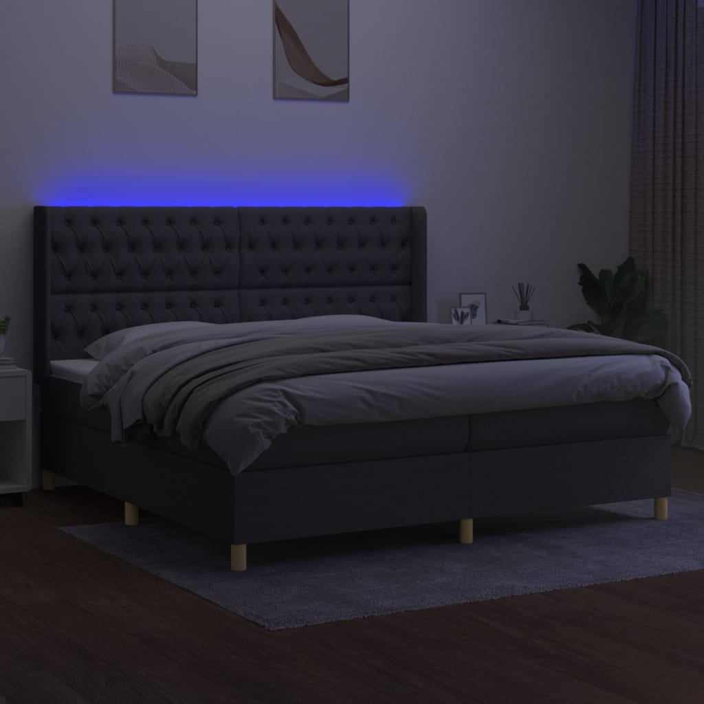 sötétszürke szövet rugós és LED-es ágy matraccal 200x200 cm