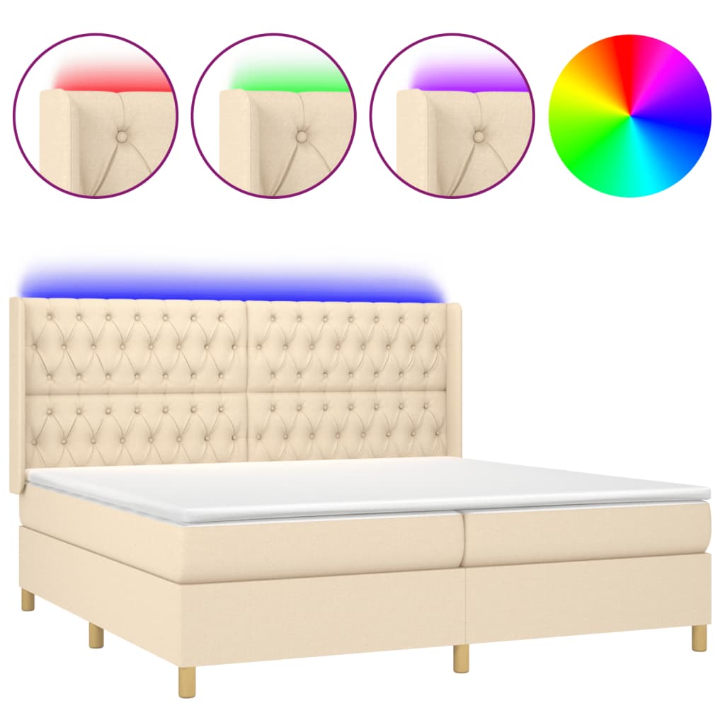krémszínű szövet rugós és LED-es ágy matraccal 200 x 200 cm