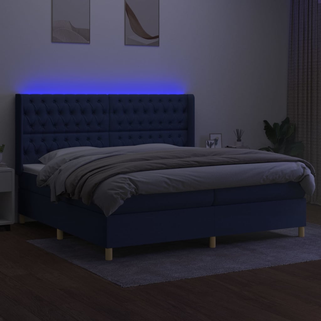 kék szövet rugós és LED-es ágy matraccal 200 x 200 cm
