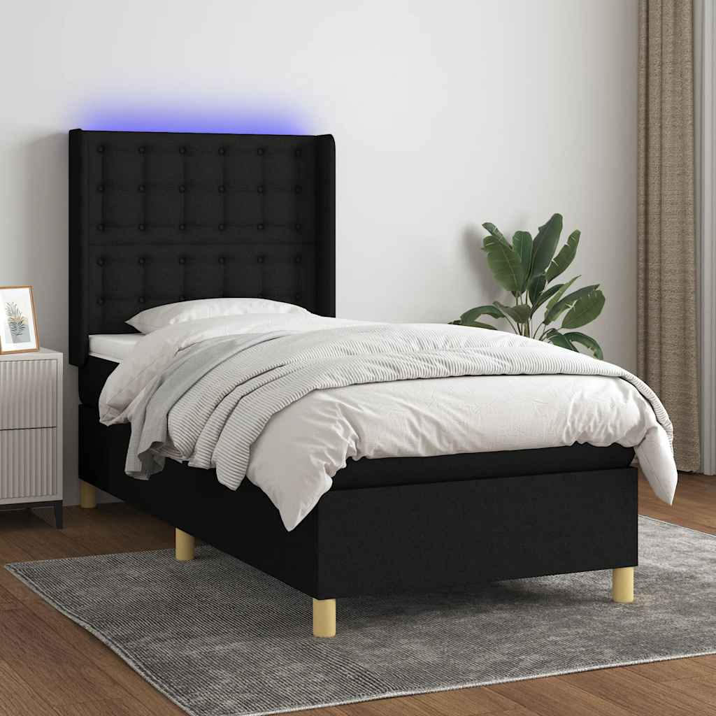 fekete szövet rugós és LED-es ágy matraccal 80 x 200 cm