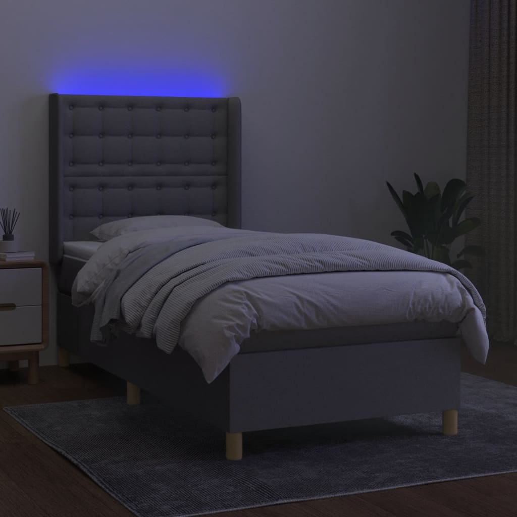 világosszürke szövet rugós és LED-es ágy matraccal 90x200 cm