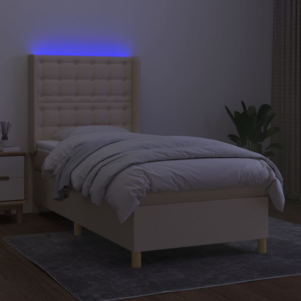 krémszínű szövet rugós és LED-es ágy matraccal 90x200 cm