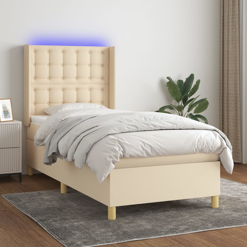 krémszínű szövet rugós és LED-es ágy matraccal 100x200 cm