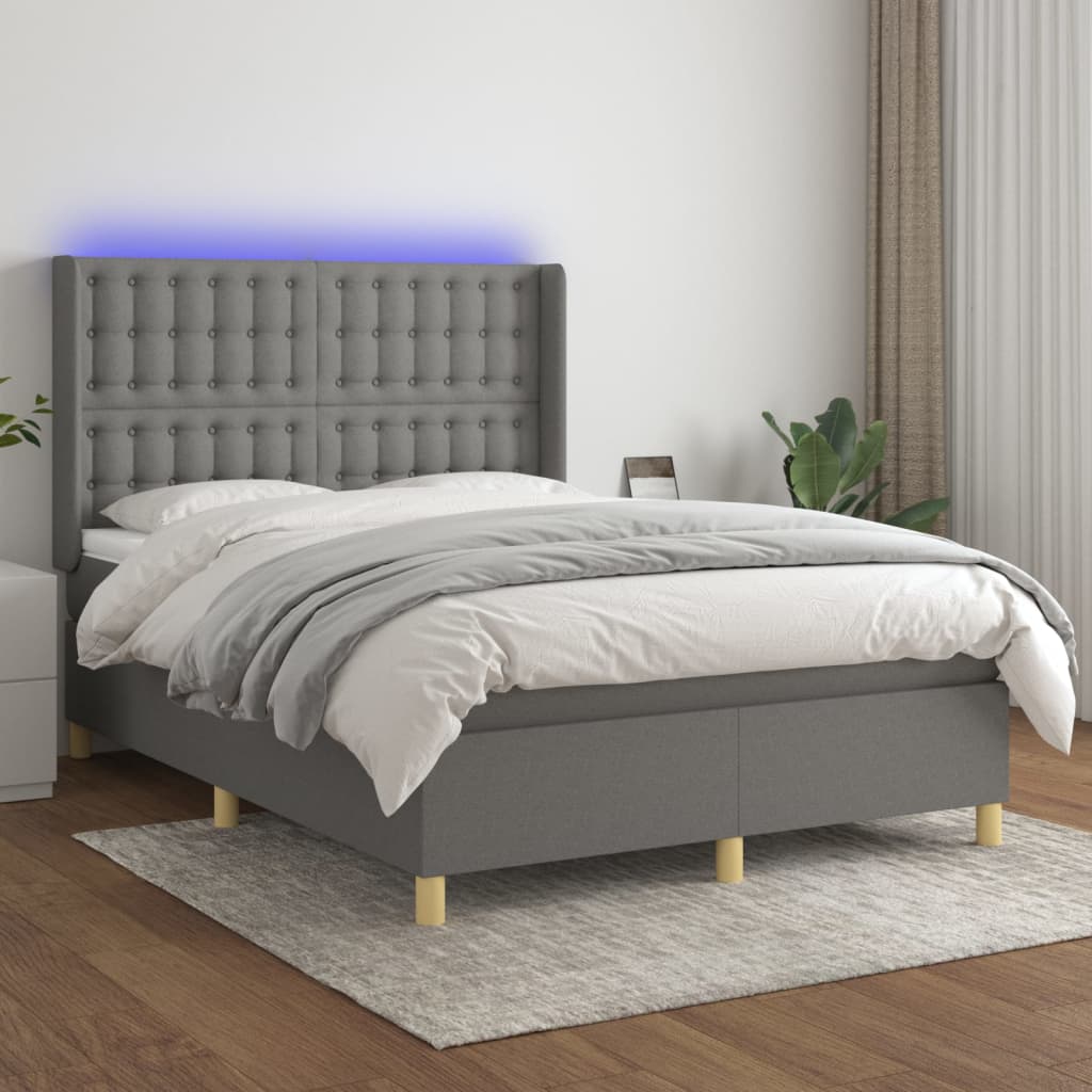 sötétszürke szövet rugós és LED-es ágy matraccal 140x200 cm