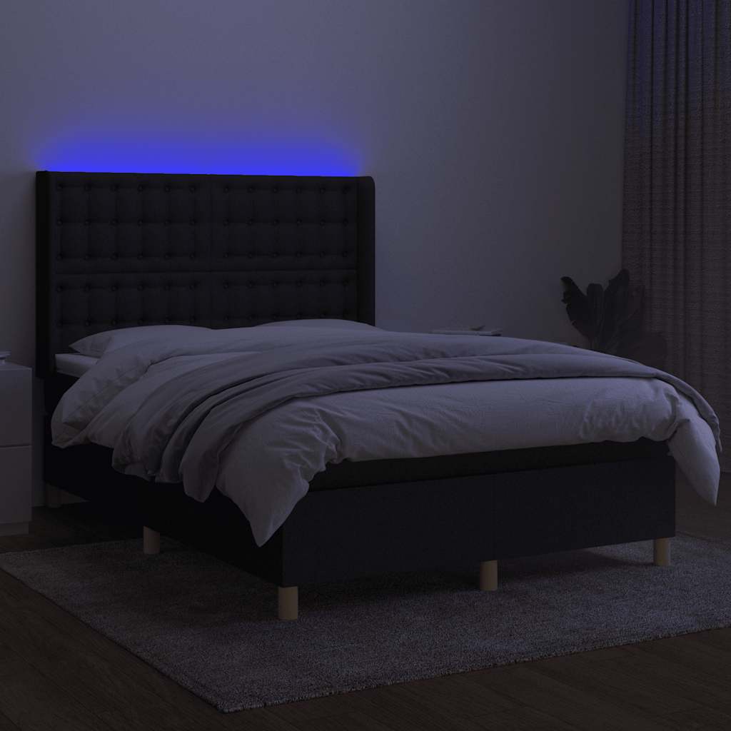fekete szövet rugós és LED-es ágy matraccal 140x200 cm