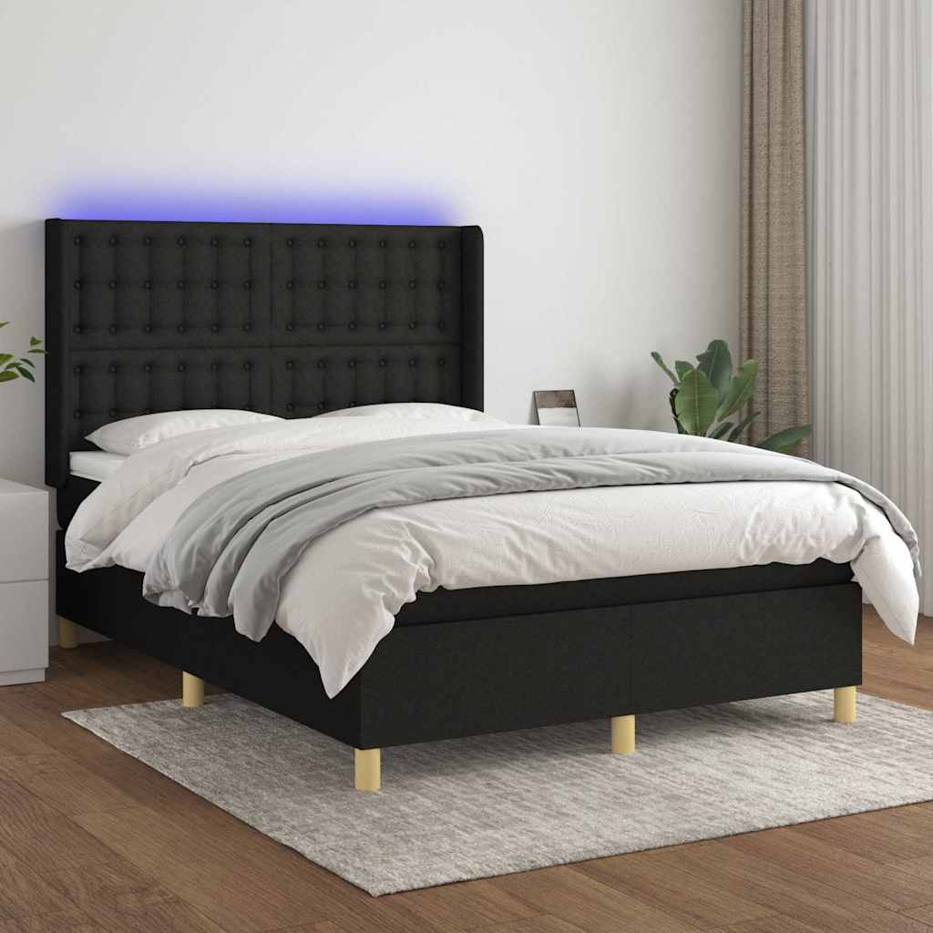 fekete szövet rugós és LED-es ágy matraccal 140x200 cm