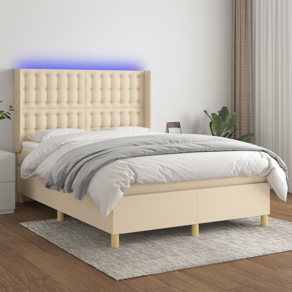 krémszínű szövet rugós és LED-es ágy matraccal 140x200 cm