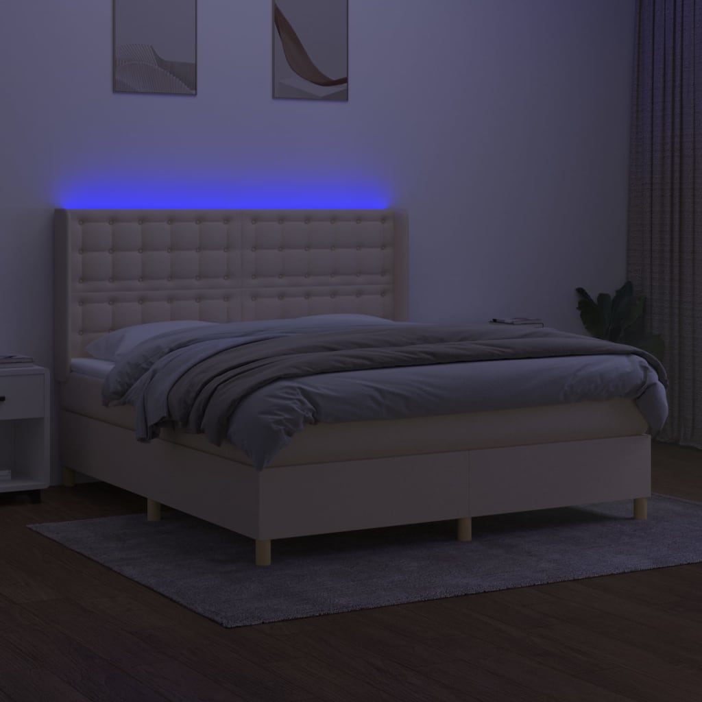krémszínű szövet rugós és LED-es ágy matraccal 160x200 cm