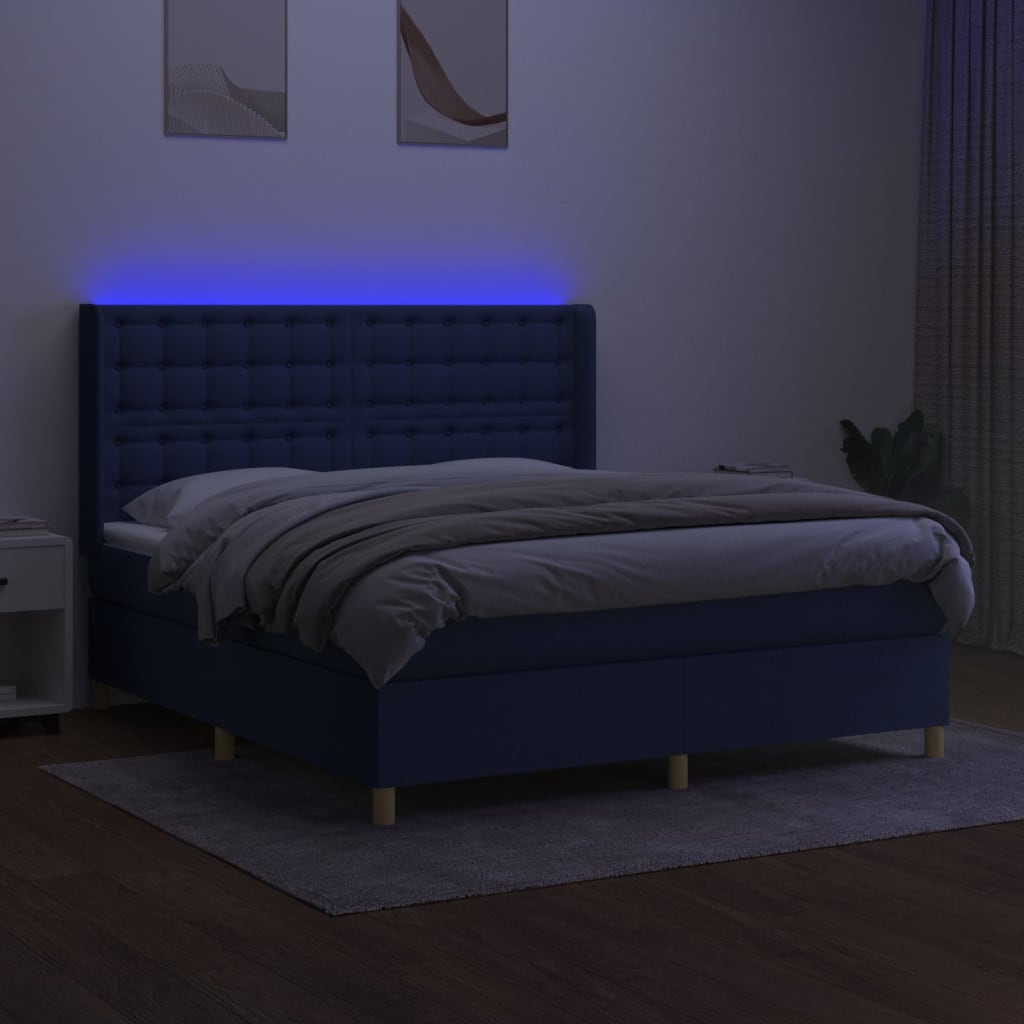 kék szövet rugós és LED-es ágy matraccal 160x200 cm