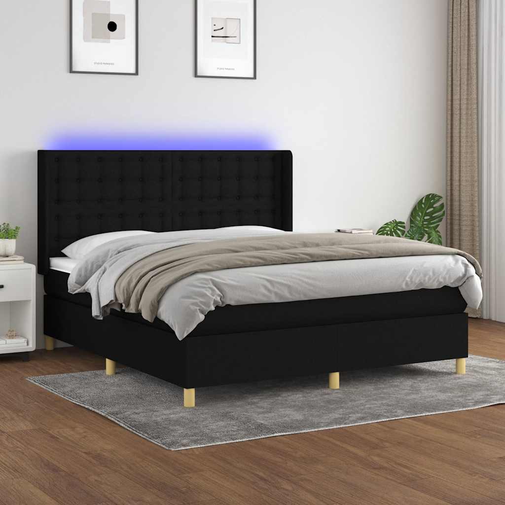 fekete szövet rugós és LED-es ágy matraccal 180 x 200 cm