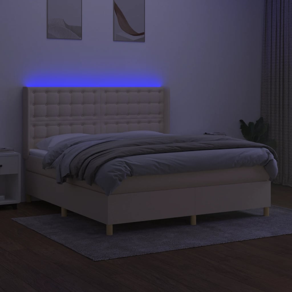krémszínű szövet rugós és LED-es ágy matraccal 180 x 200 cm