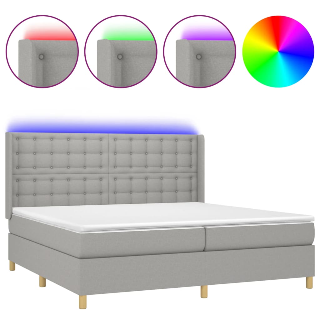 világosszürke szövet rugós és LED-es ágy matraccal 200x200 cm