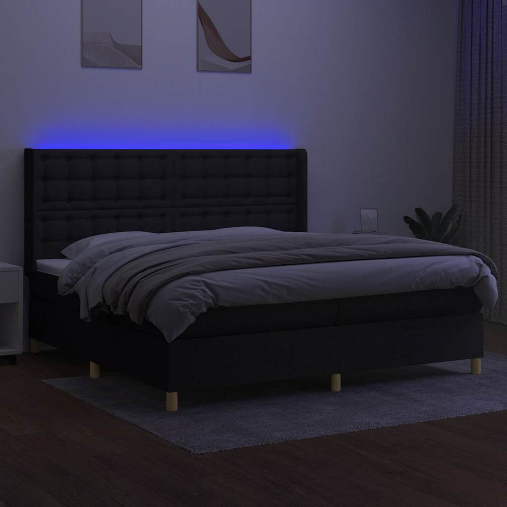 fekete szövet rugós és LED-es ágy matraccal 200x200 cm
