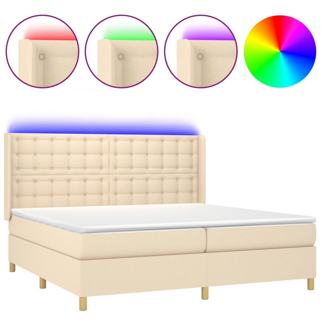 krémszínű szövet rugós és LED-es ágy matraccal 200 x 200 cm