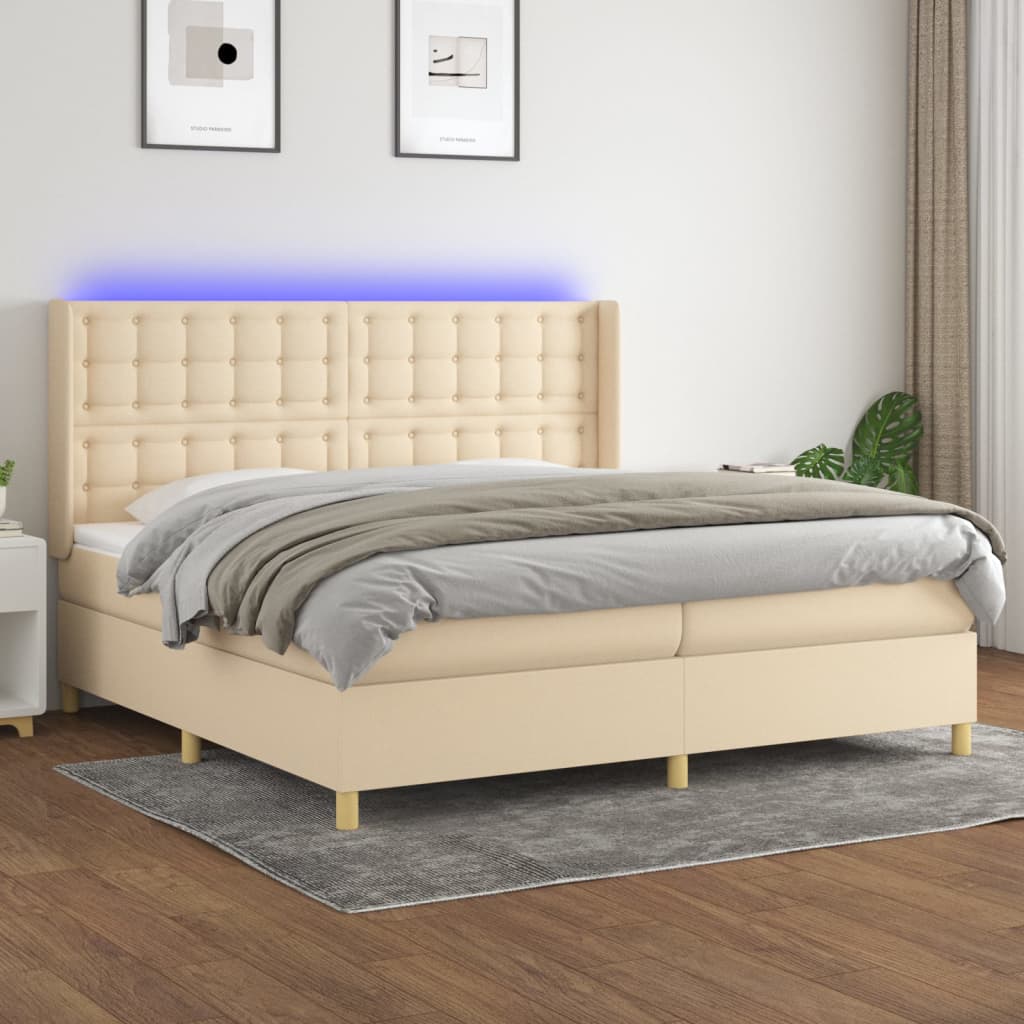 krémszínű szövet rugós és LED-es ágy matraccal 200 x 200 cm