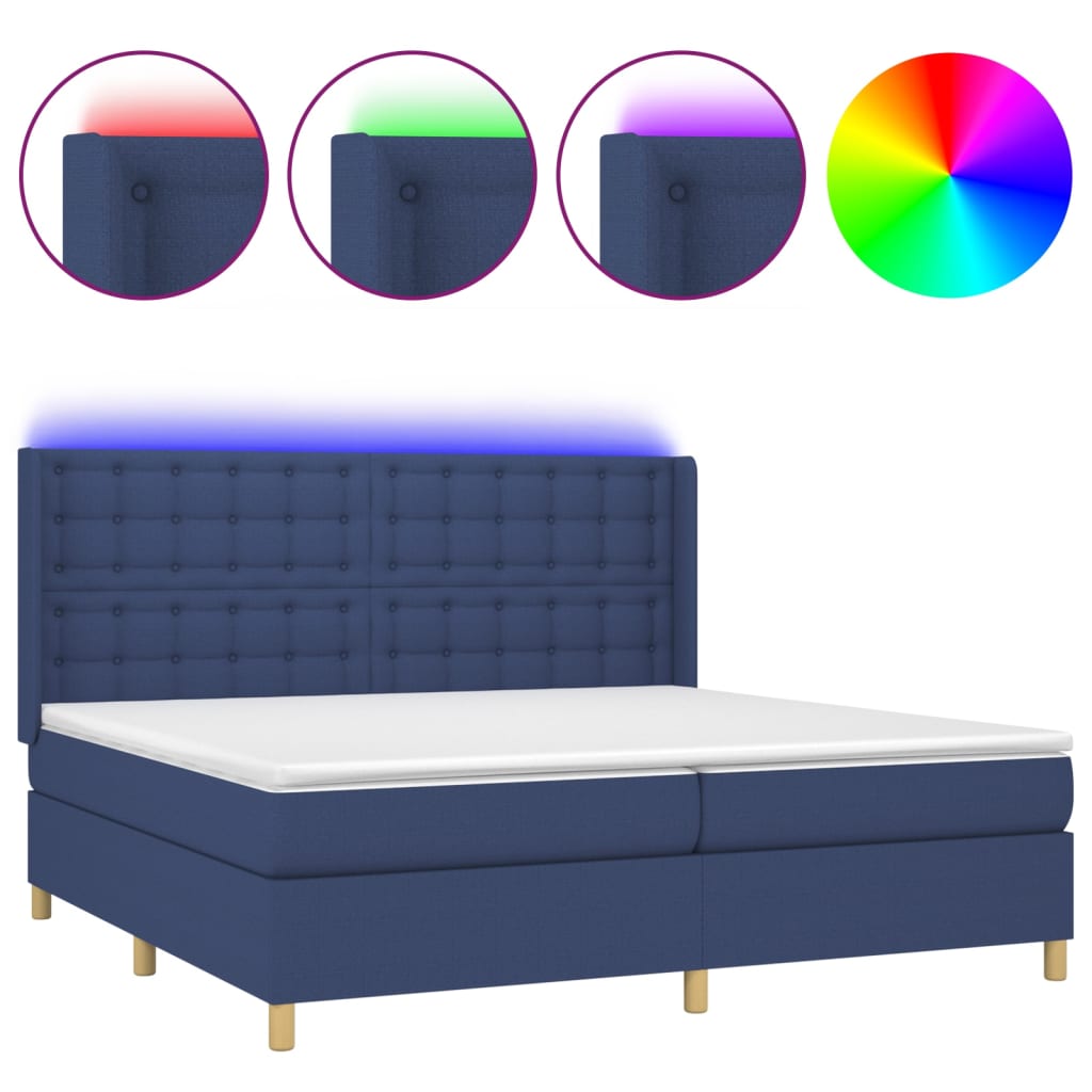 kék szövet rugós és LED-es ágy matraccal 200 x 200 cm
