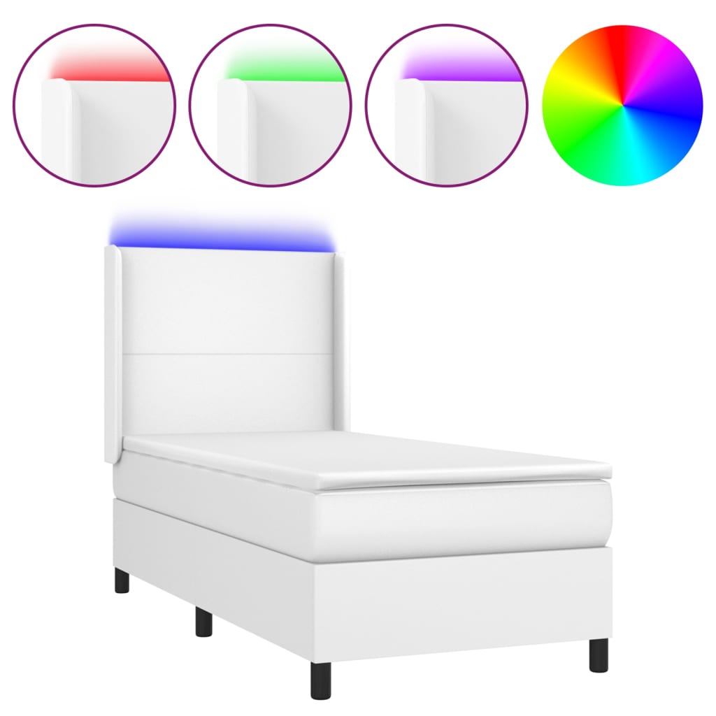 fehér műbőr rugós ágy matraccal és LED-del 80 x 200 cm