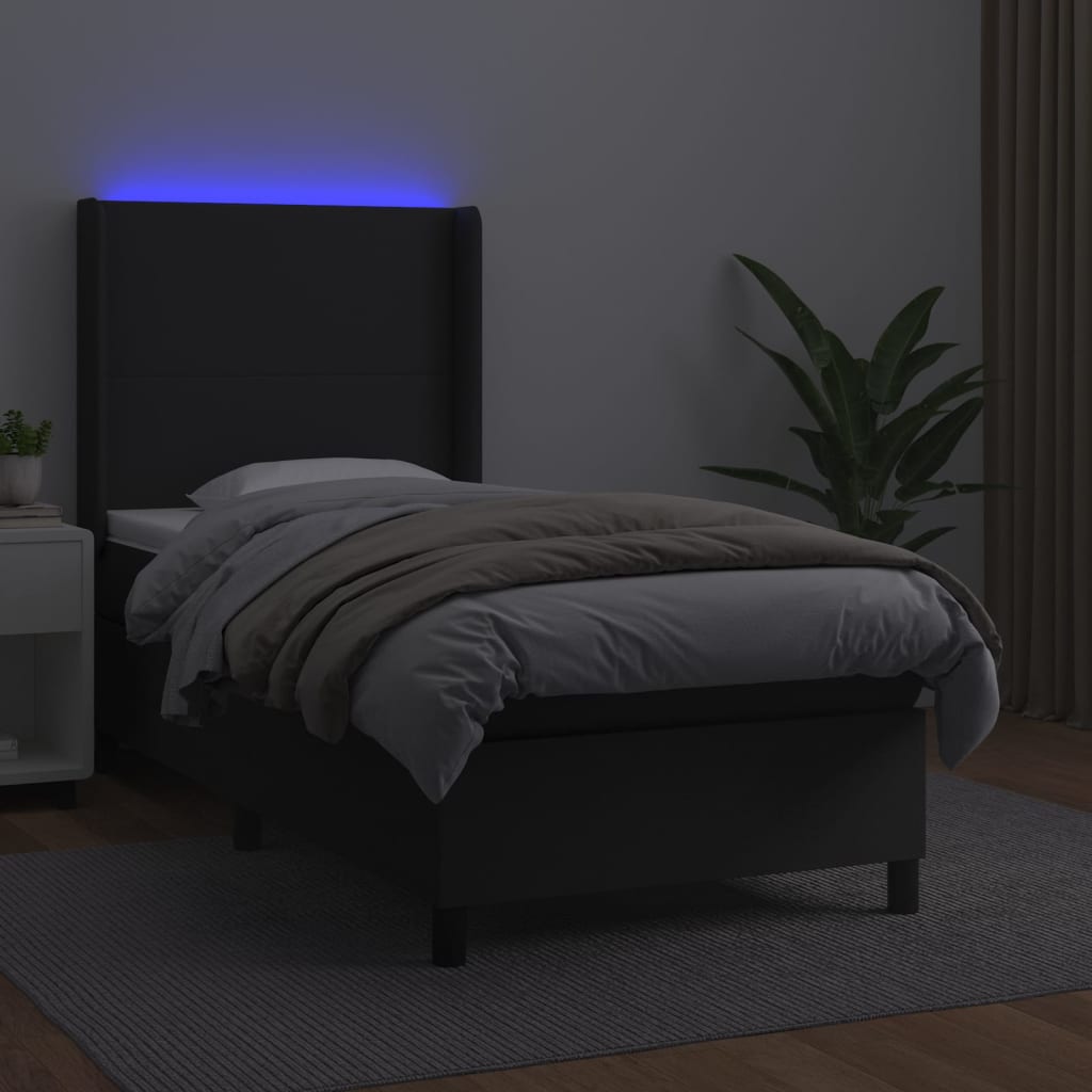 fekete műbőr rugós ágy matraccal és LED-del 90x190 cm