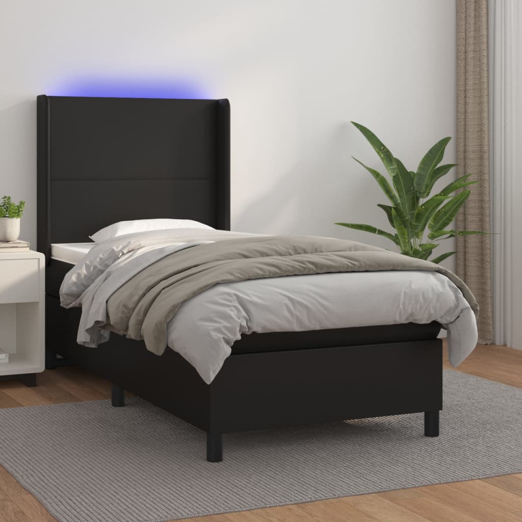 fekete műbőr rugós ágy matraccal és LED-del 90x190 cm