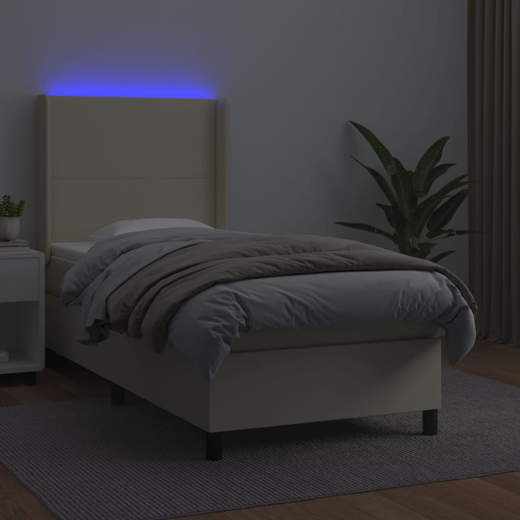 krémszínű műbőr rugós ágy matraccal és LED-del 90x200 cm