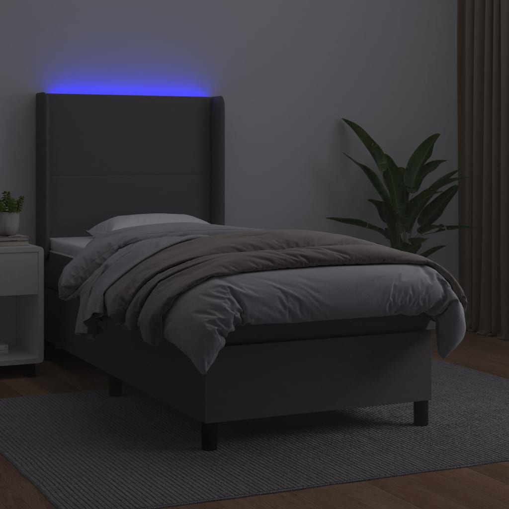 szürke műbőr rugós ágy matraccal és LED-del 90x200 cm