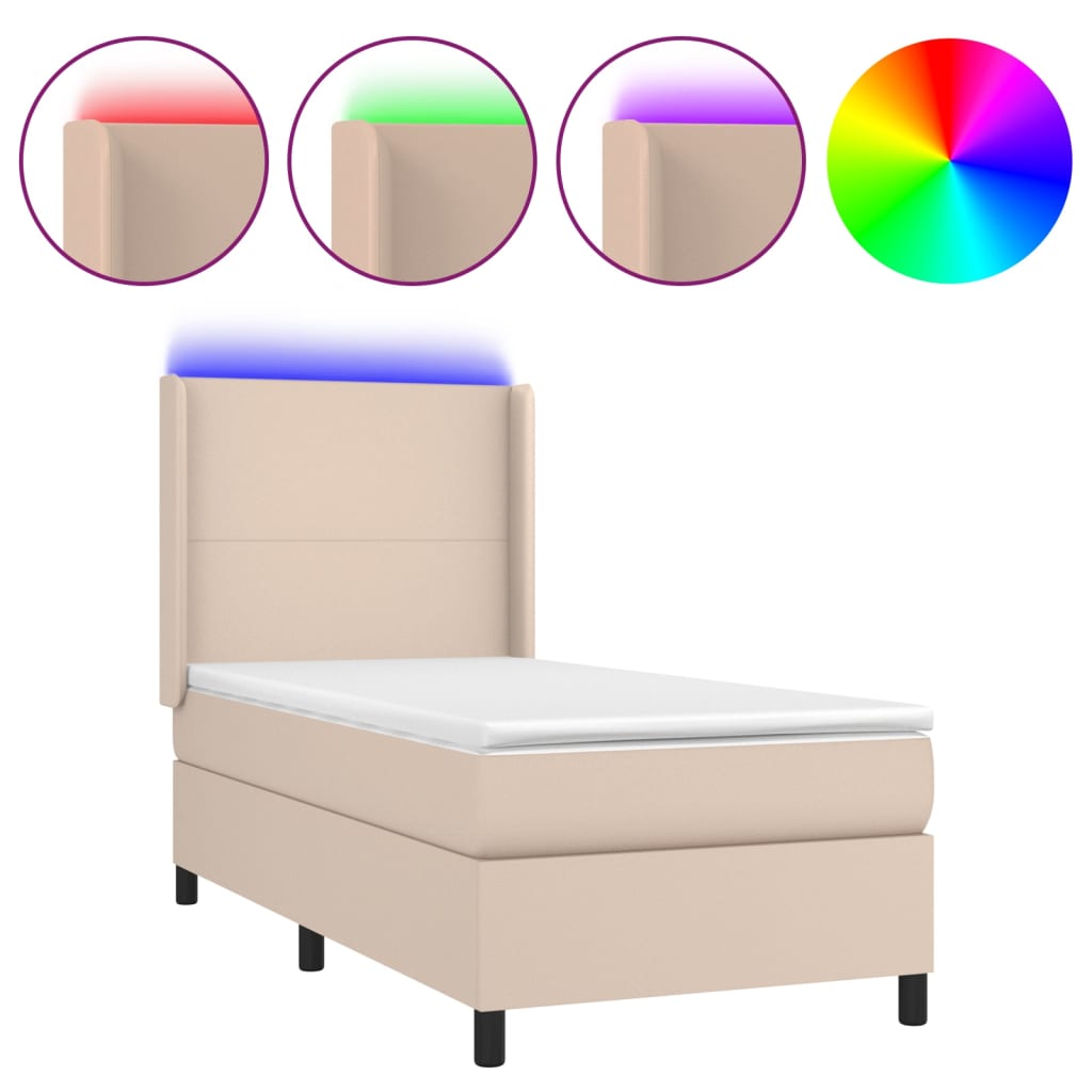 cappuccino színű műbőr rugós ágy matraccal és LED-del 90x200 cm