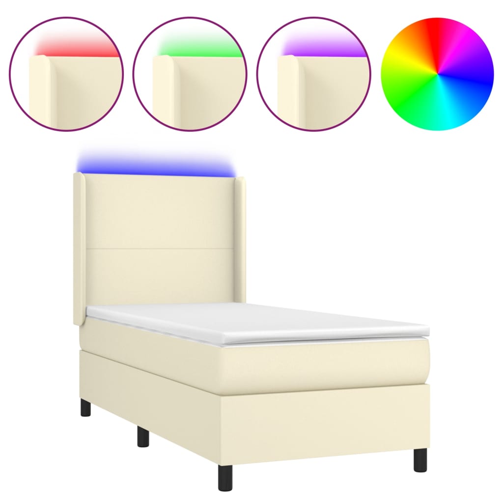 krémszínű műbőr rugós ágy matraccal és LED-del 100x200 cm