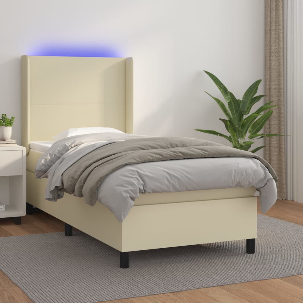 krémszínű műbőr rugós ágy matraccal és LED-del 100x200 cm