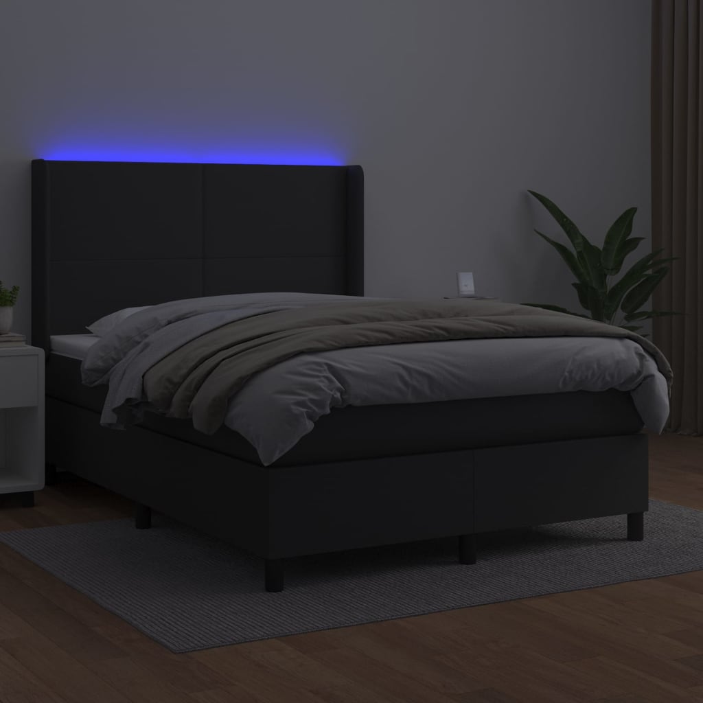 fekete műbőr rugós ágy matraccal és LED-del 140 x 190 cm