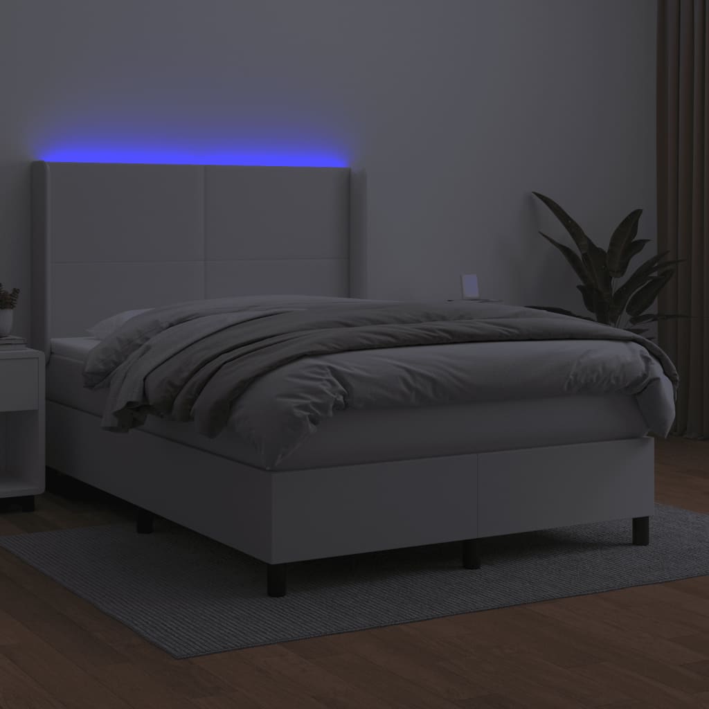 fehér műbőr rugós ágy matraccal és LED-del 140x190 cm