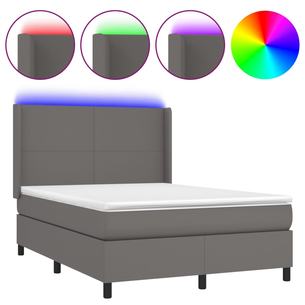 szürke műbőr rugós ágy matraccal és LED-del 140x190 cm