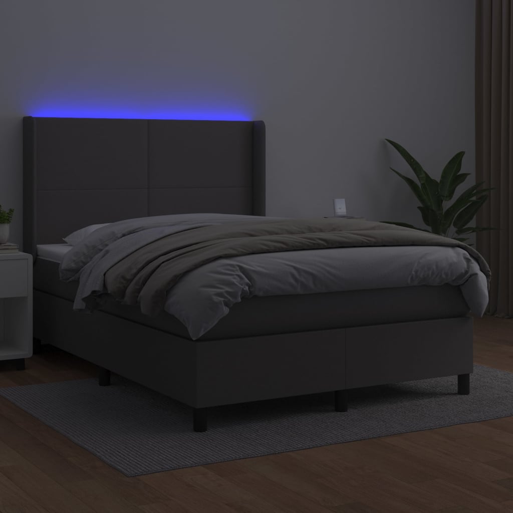 szürke műbőr rugós ágy matraccal és LED-del 140x190 cm