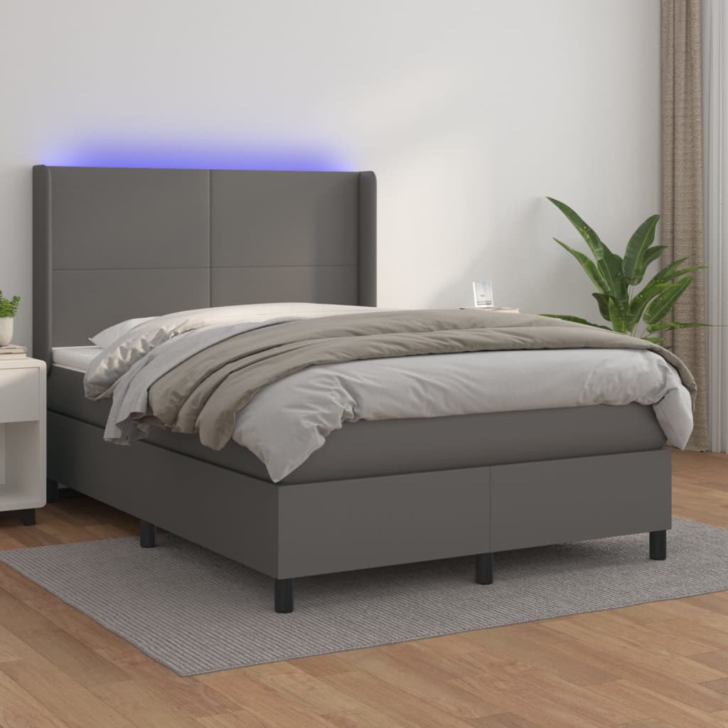 szürke műbőr rugós ágy matraccal és LED-del 140x190 cm
