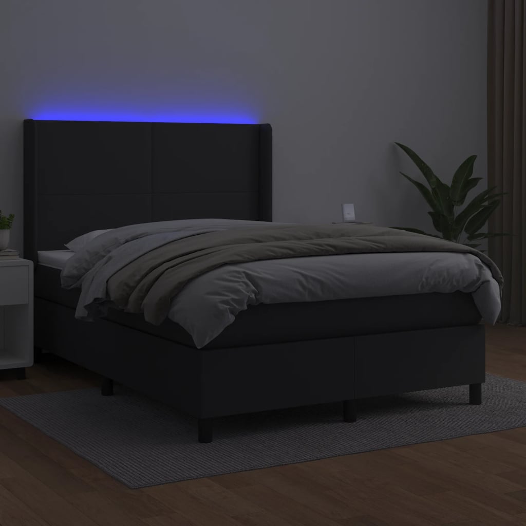 fekete műbőr rugós ágy matraccal és LED-del 140x200 cm