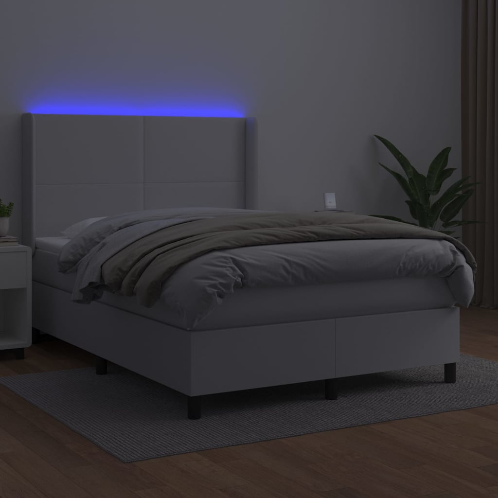 fehér műbőr rugós ágy matraccal és LED-del 140x200 cm