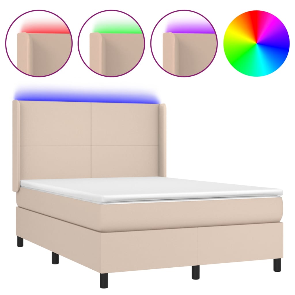 cappuccino színű műbőr rugós ágy matraccal és LED-del 140x200cm