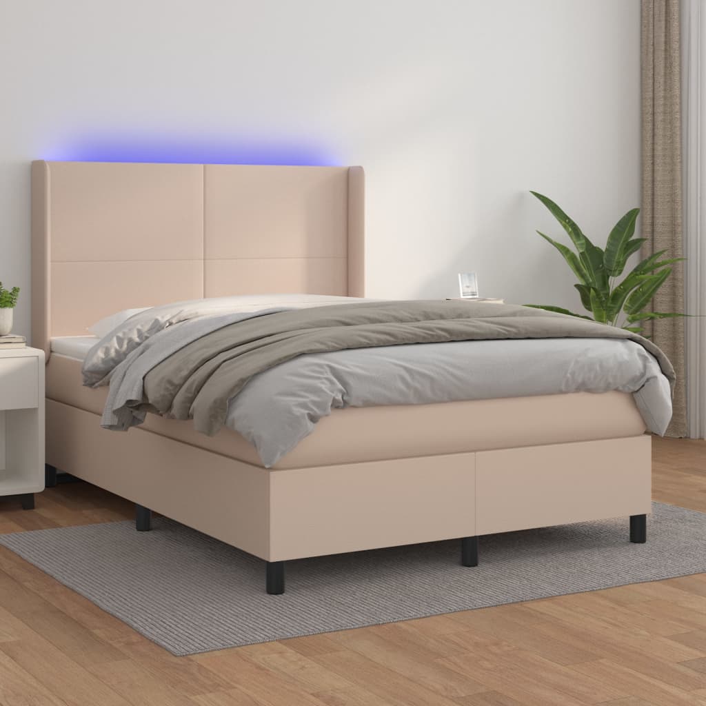 cappuccino színű műbőr rugós ágy matraccal és LED-del 140x200cm