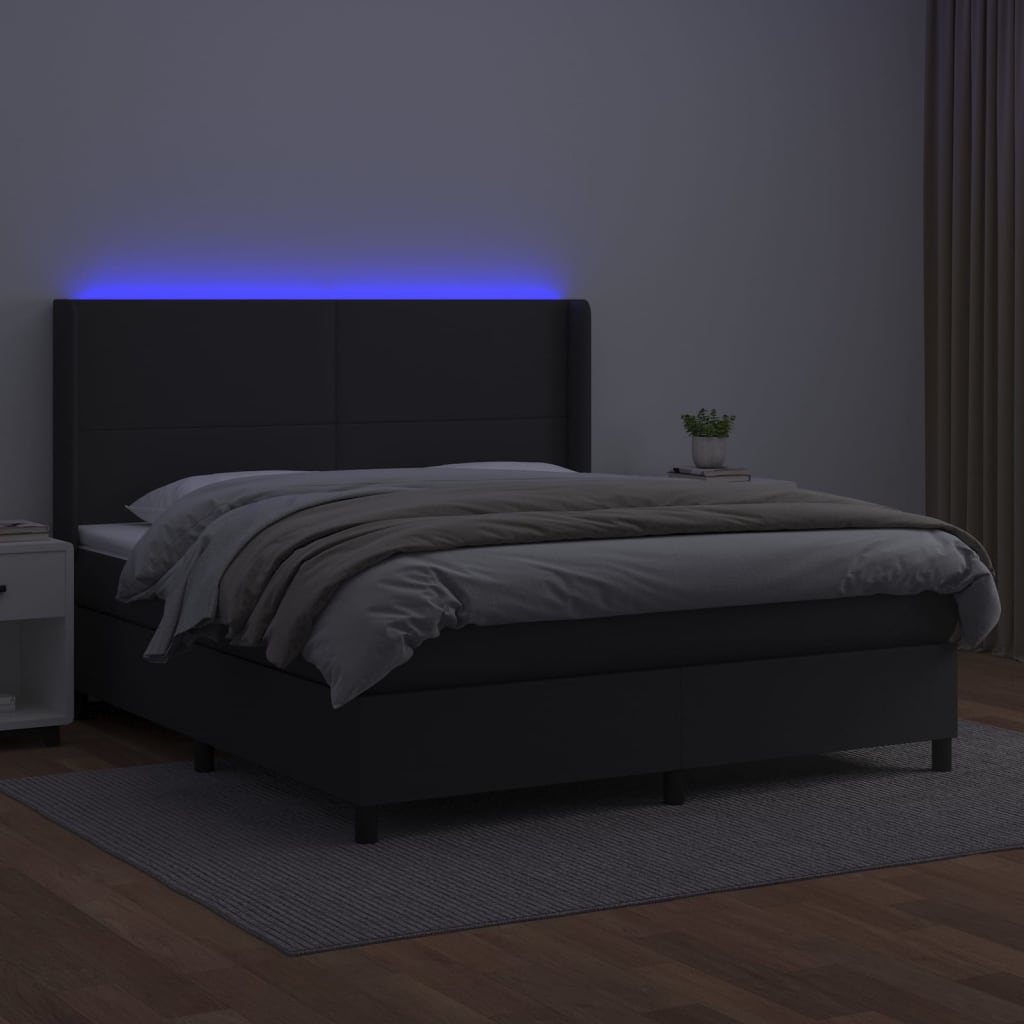 fekete műbőr rugós ágy matraccal és LED-del 160x200 cm