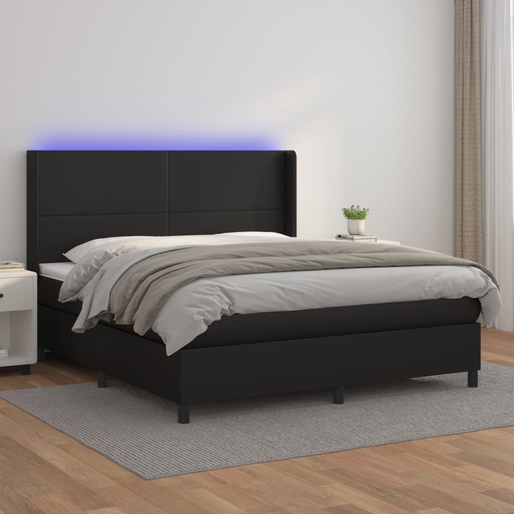 fekete műbőr rugós ágy matraccal és LED-del 160x200 cm
