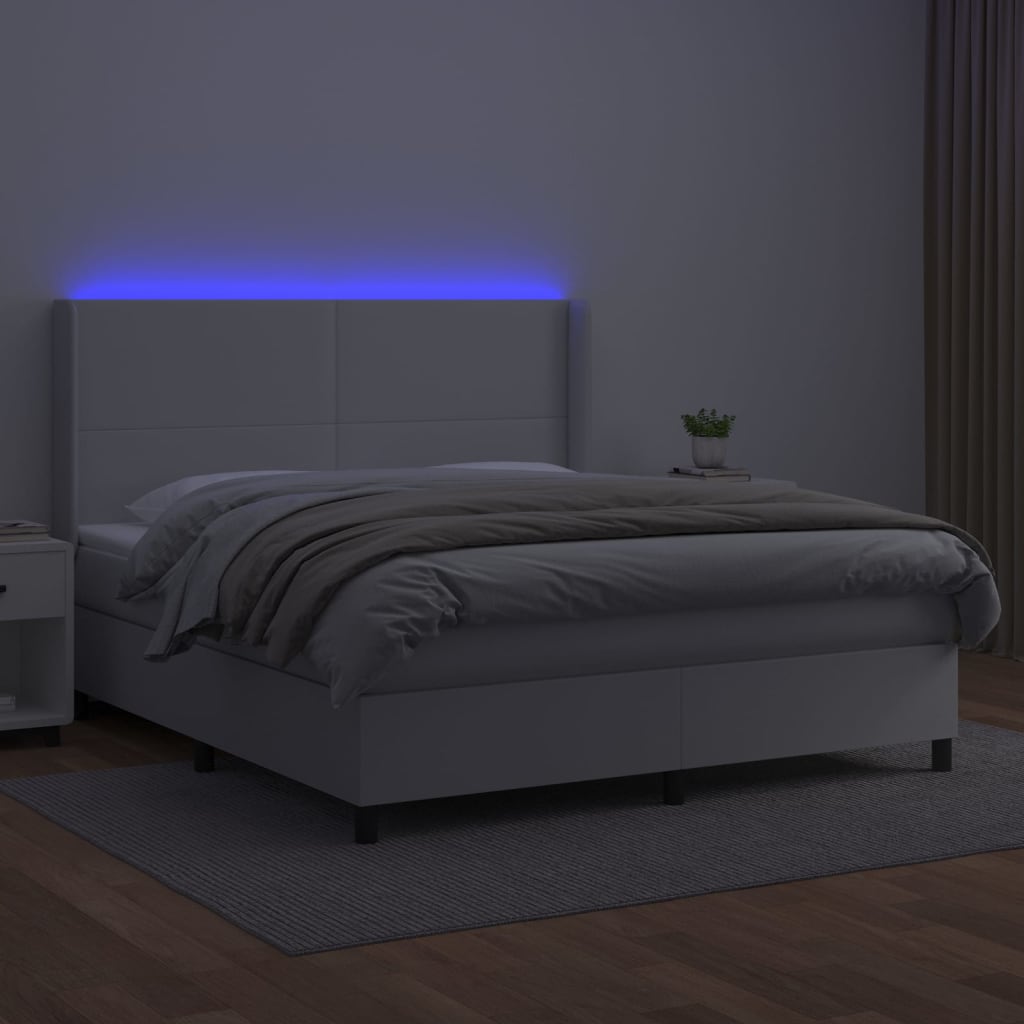 fehér műbőr rugós ágy matraccal és LED-del 180x200 cm