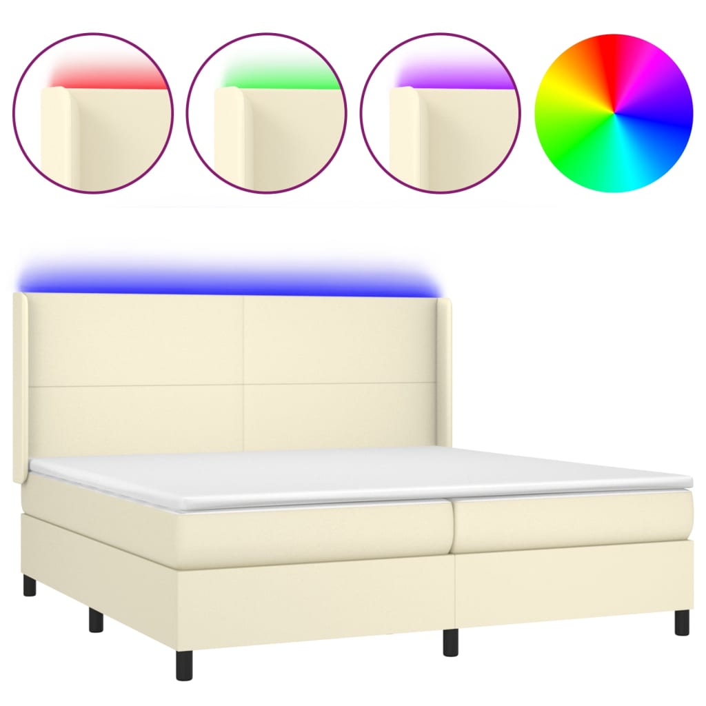 krémszínű műbőr rugós ágy matraccal és LED-del 200x200 cm