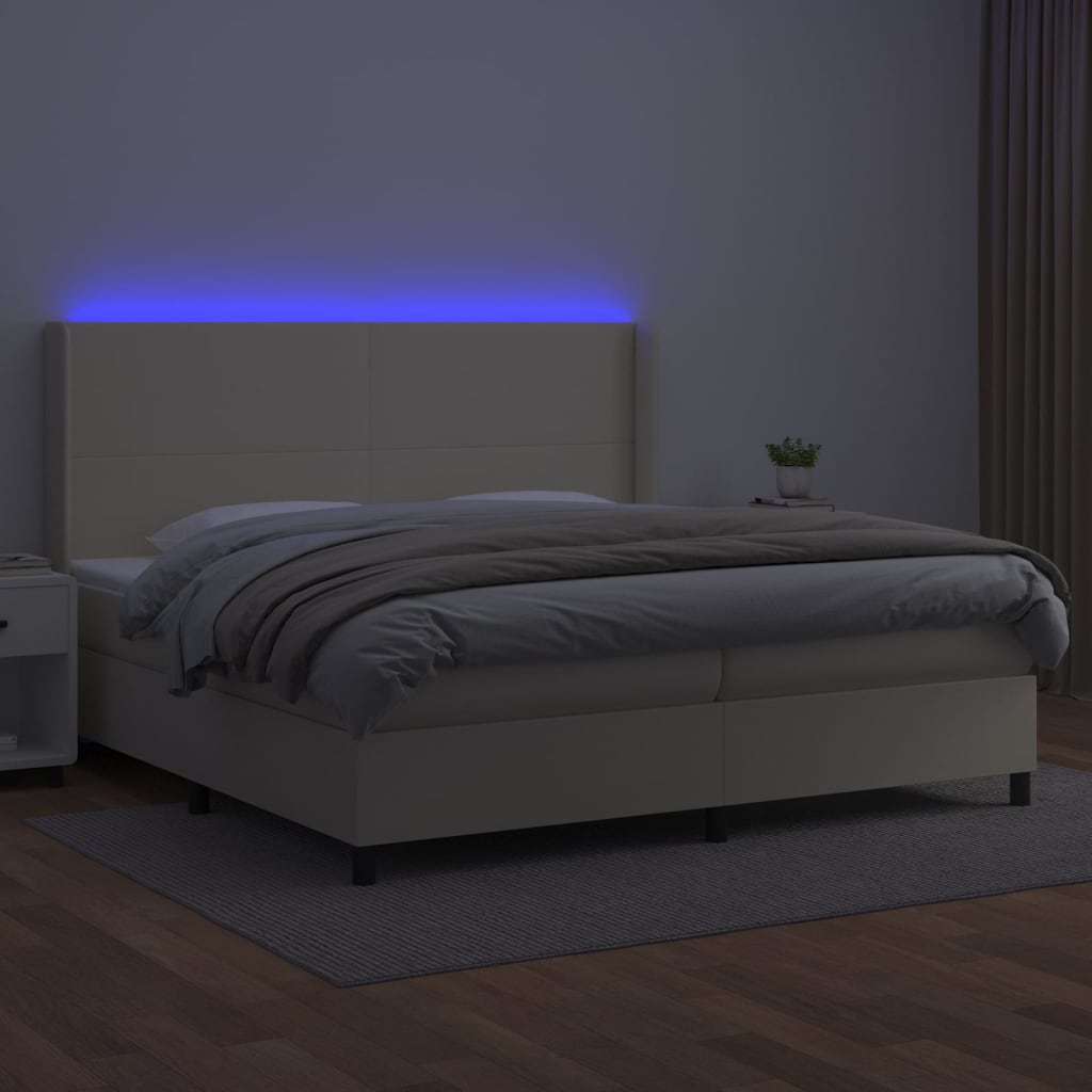 krémszínű műbőr rugós ágy matraccal és LED-del 200x200 cm