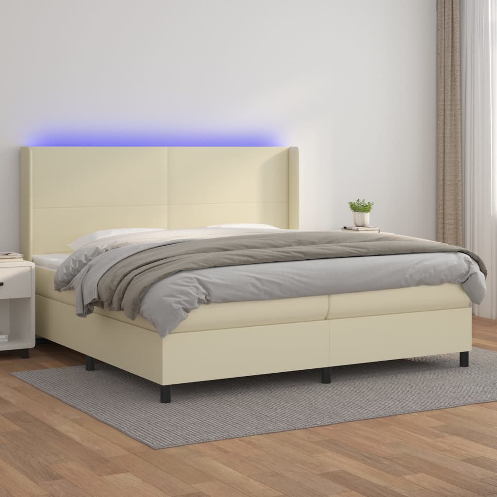 krémszínű műbőr rugós ágy matraccal és LED-del 200x200 cm